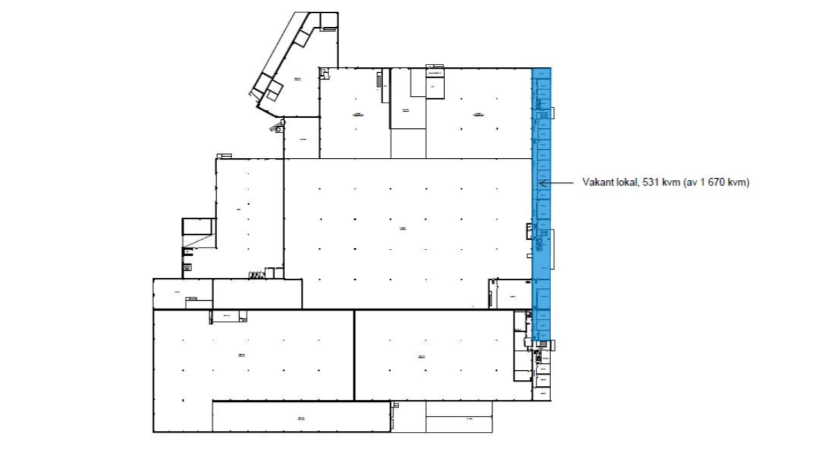 Svartvit planritning med ett blåmarkerat avsnitt märkt "Vakant lokal, 531 kvm (av i 670 kvm)" på höger sida.