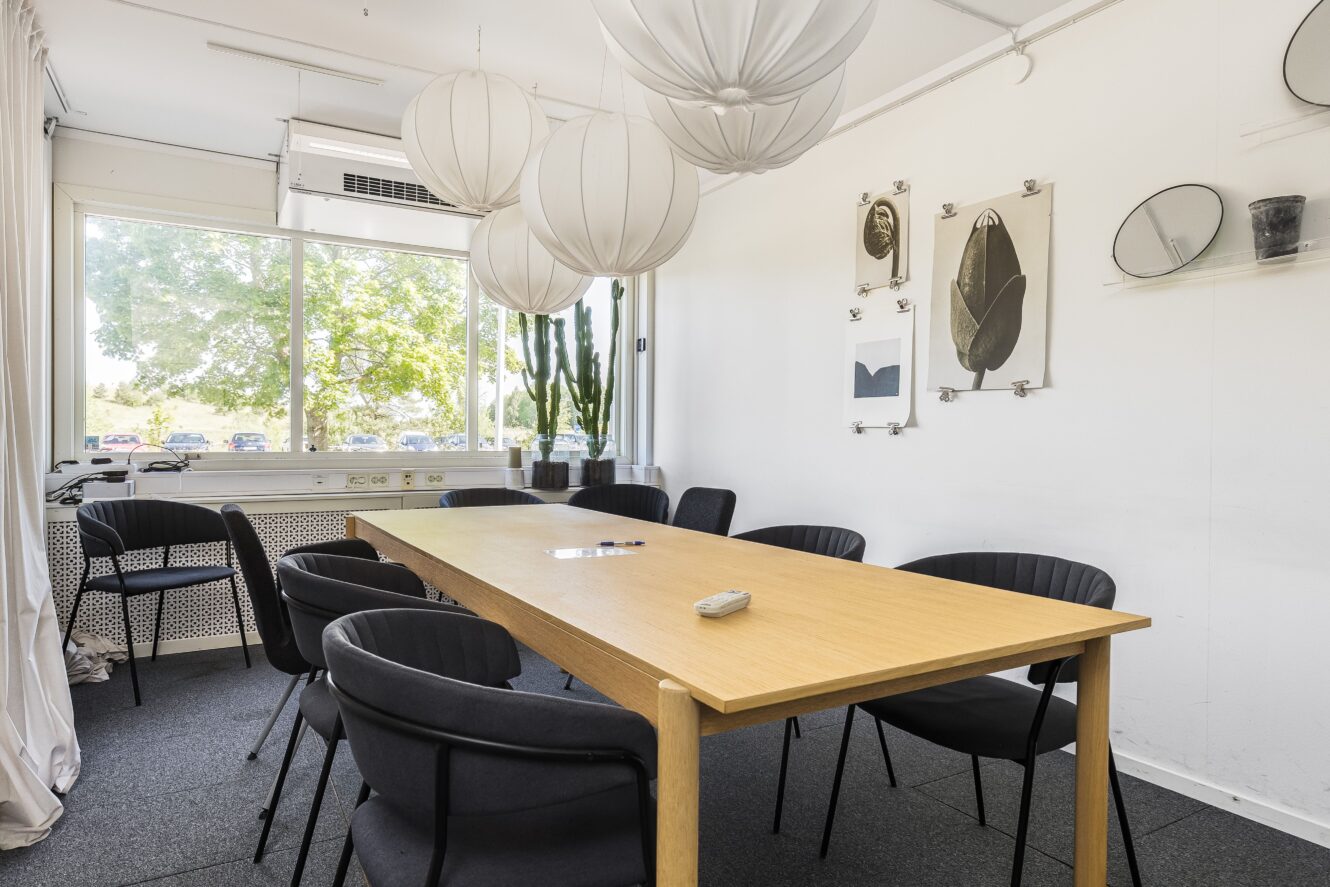 Ett konferensrum med ett träbord, åtta svarta stolar, stora vita hängande lampor, väggkonst, en kaktus och ett fönster som släpper in naturligt ljus.