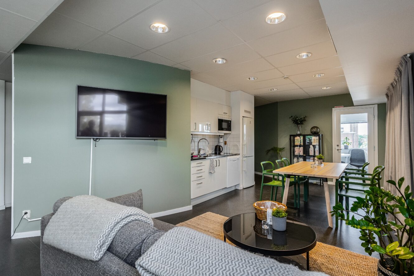 Modernt vardagsrum i öppen planlösning med ett litet kök, matbord, gröna väggar, väggmonterad TV, grå soffa och krukväxter.
