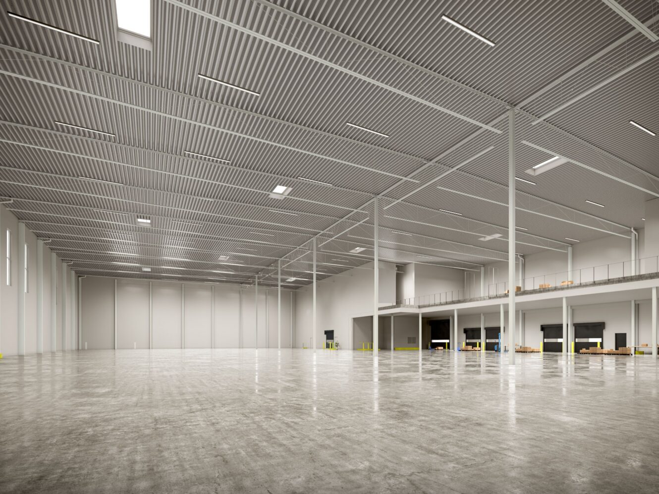 Rymlig, tom industrilagerlokal med högt i tak, betonggolv och lastkajer längs ena väggen.