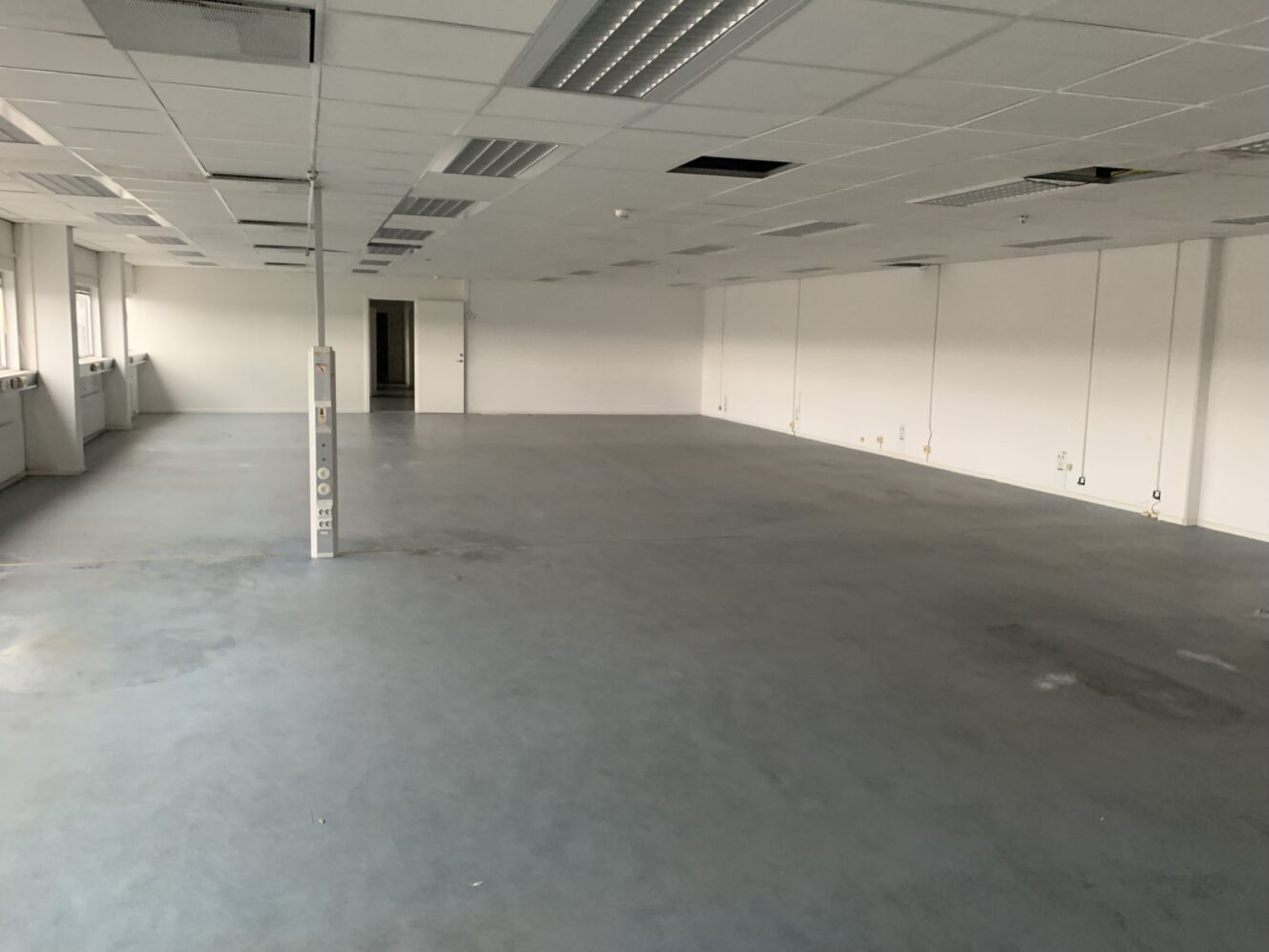 Tomt kontorsutrymme med kaklat tak, lysrörsbelysning, kala väggar, betonggolv och flera takpaneler som saknas eller är förskjutna.