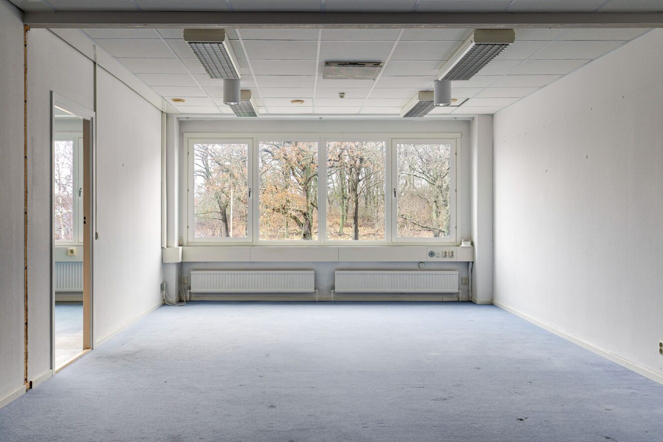 Ett tomt kontorsrum med ljusblå matta, vita väggar och stora fönster mot träd, med taklampor och element under fönstren.