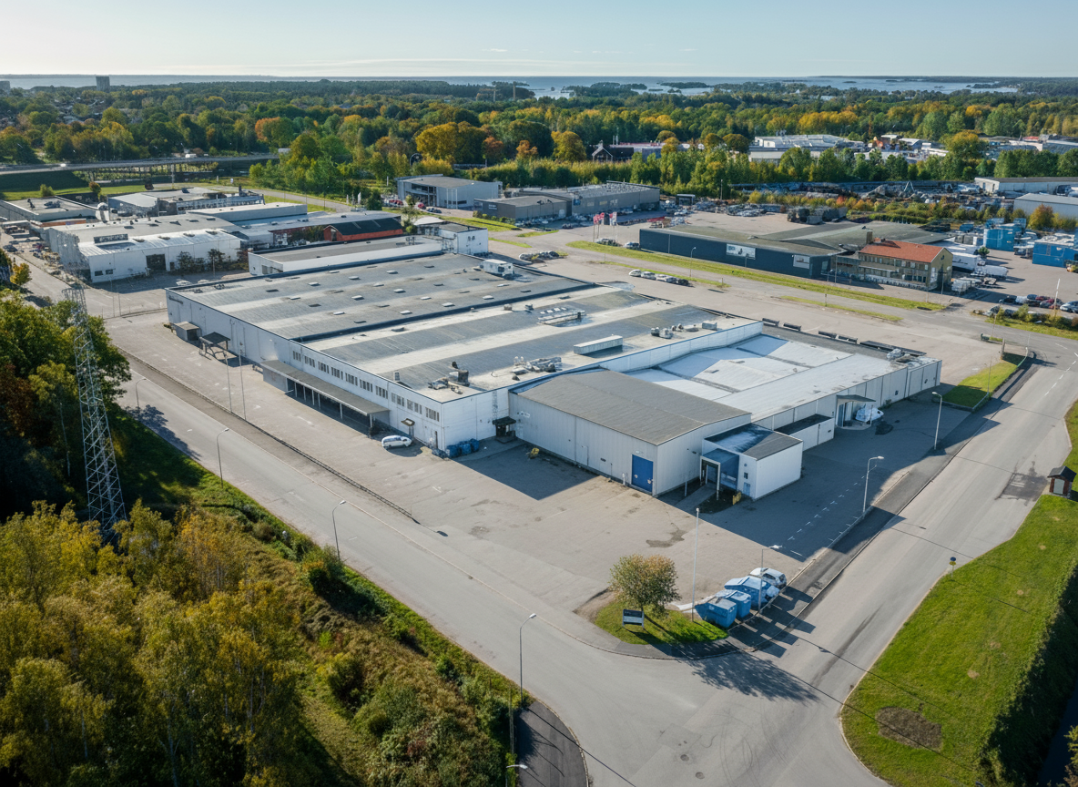 En stor industrihall med vitt tak omges av vägar, parkeringsplatser och grönska i en industripark under en klar himmel.