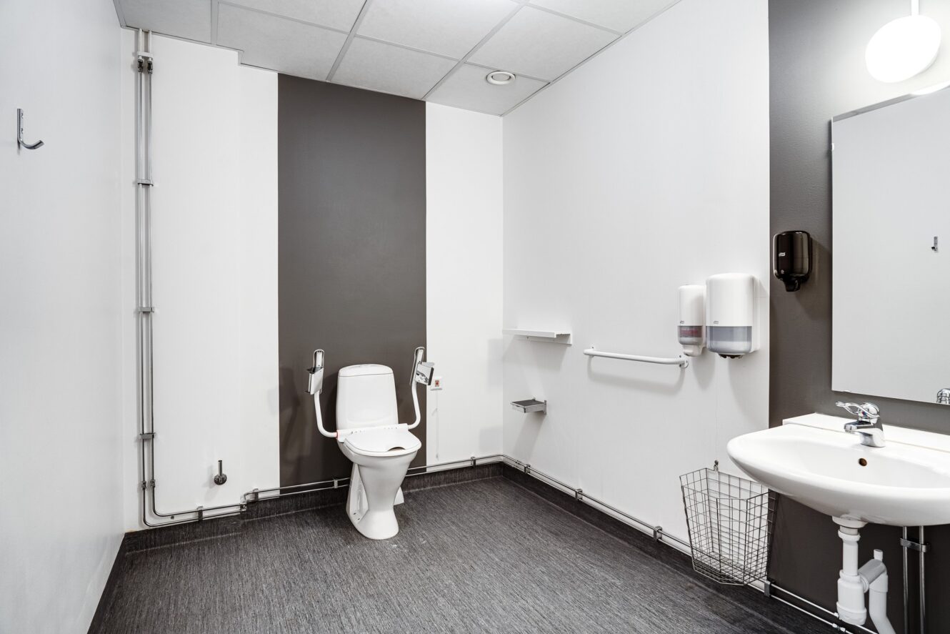 Tillgänglig toalett med toalett, stödhandtag, vägghängt handfat, spegel, tvålbehållare och papperskorg i tråd på grått golv med neutrala väggar.