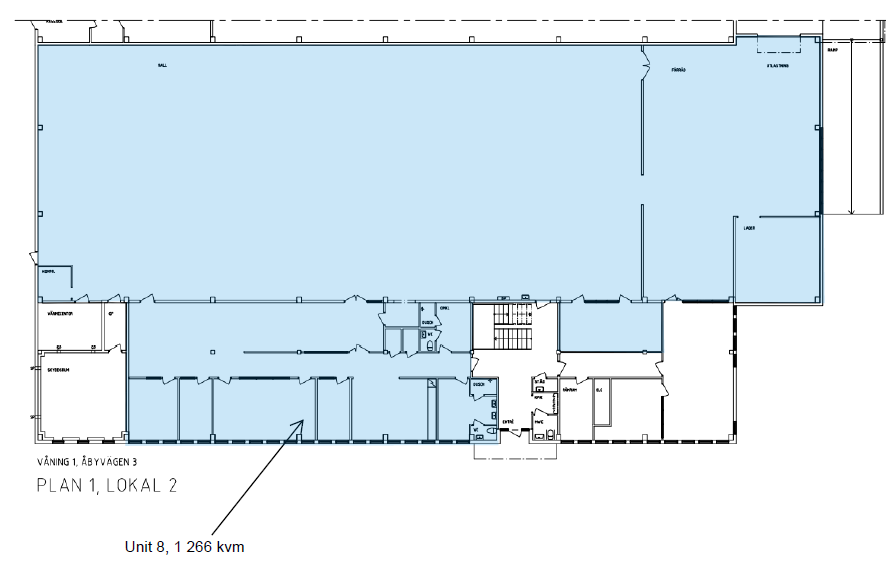 Planritning över en kommersiell enhet märkt Unit 8, 1 266 kvm på Plan 1, Lokal 2, med skisserade rum och dörrar i ett blåmarkerat område.