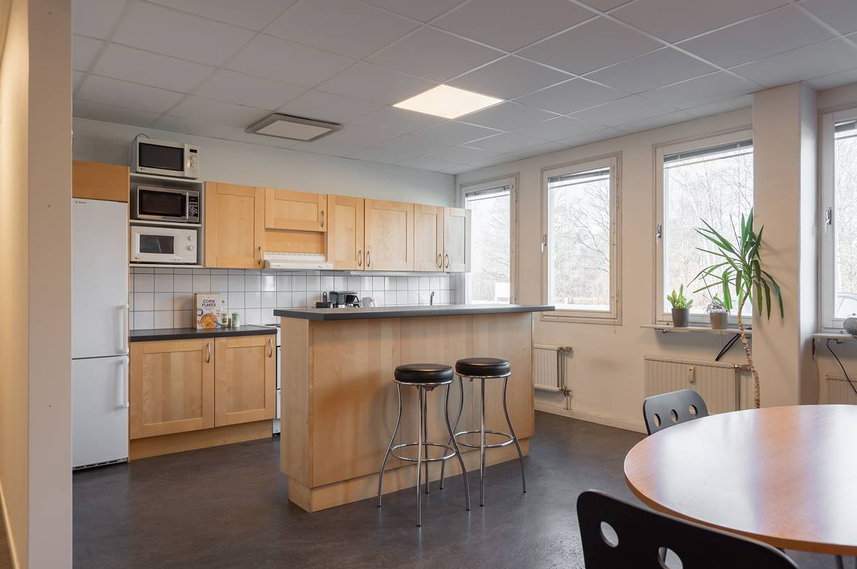 Modernt kök med skåp i ljust trä, en frukostbar med två stolar, tre mikrovågsugnar, ett kylskåp, stora fönster och krukväxter på fönsterbrädan.