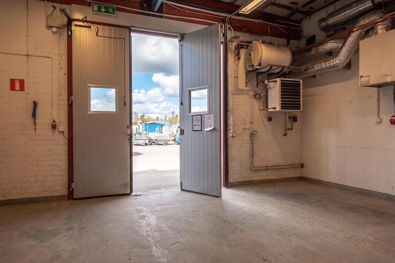 Ett industrilokale med öppna dubbeldörrar som leder utomhus, med utsikt över en delvis molnig himmel och viss utrustning i fjärran; synliga rör och ventilationsöppningar på innerväggarna.
