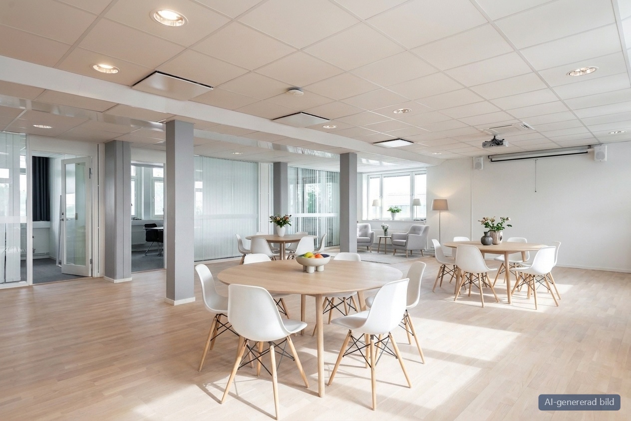 En modern kontorslounge med runda bord, vita stolar, stora fönster och minimalistisk inredning på ett ljust trägolv.