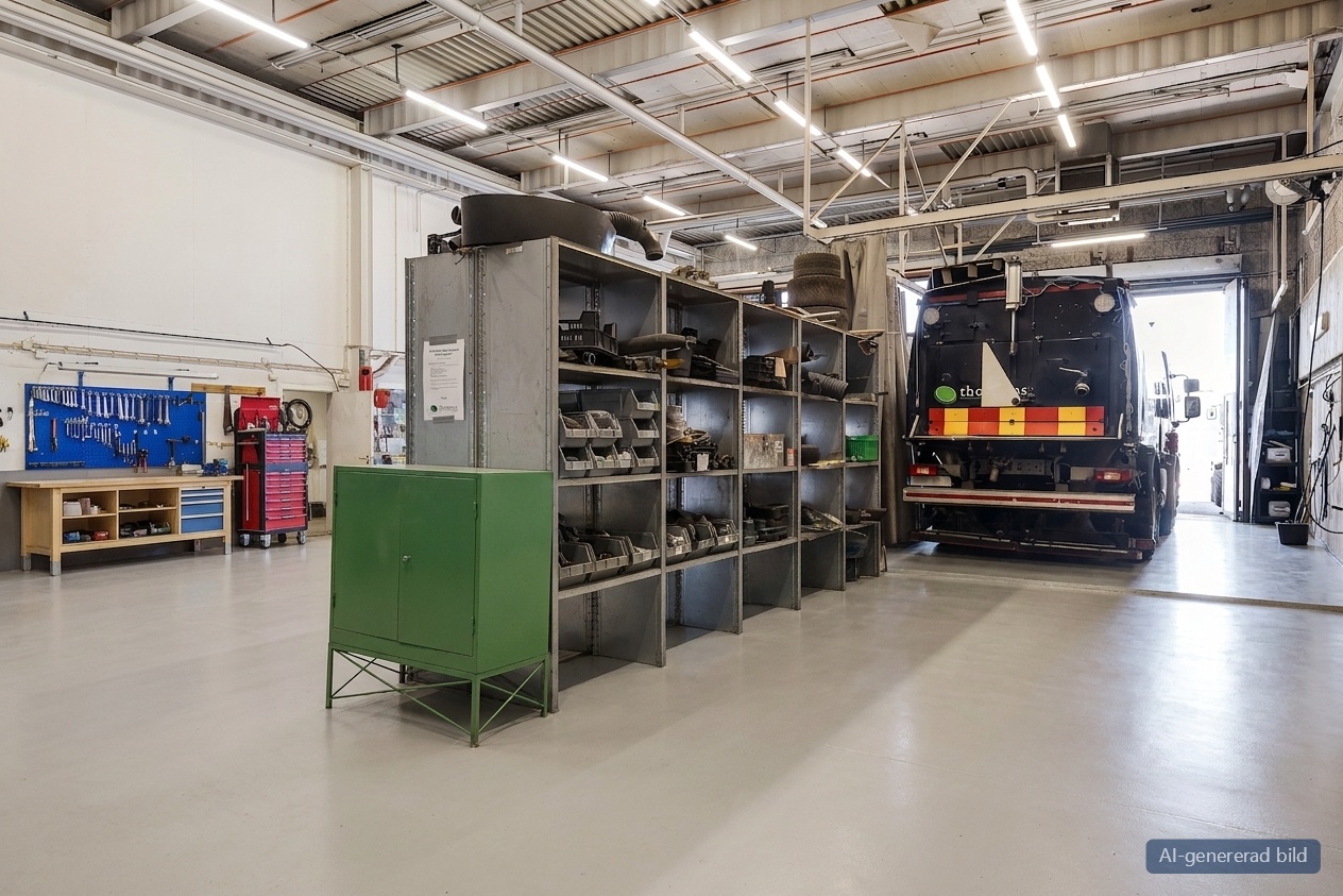 En verkstad med hyllor fyllda med verktyg och reservdelar, arbetsbänkar till vänster och en stor lastbil parkerad nära en öppen garageport i bakgrunden.