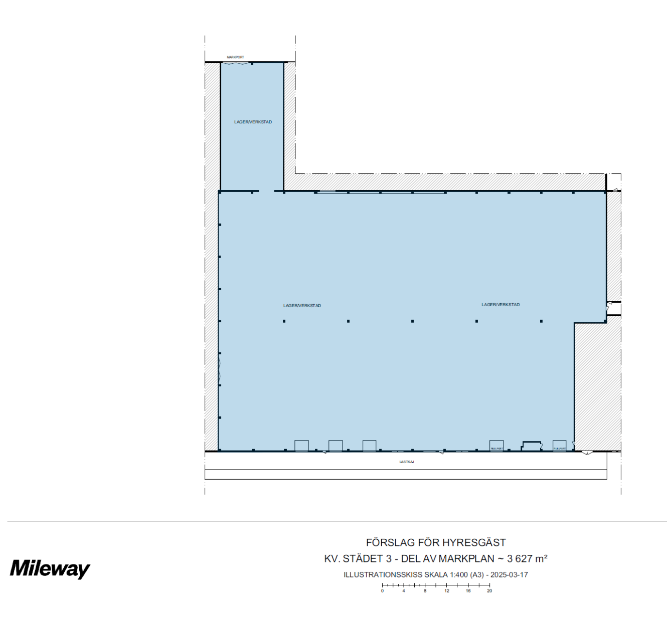 Planritning över en stor kommersiell lokal på 3.627 m², som visar lagerutrymmen, entréer och en lastzon, märkt för Mileway.
