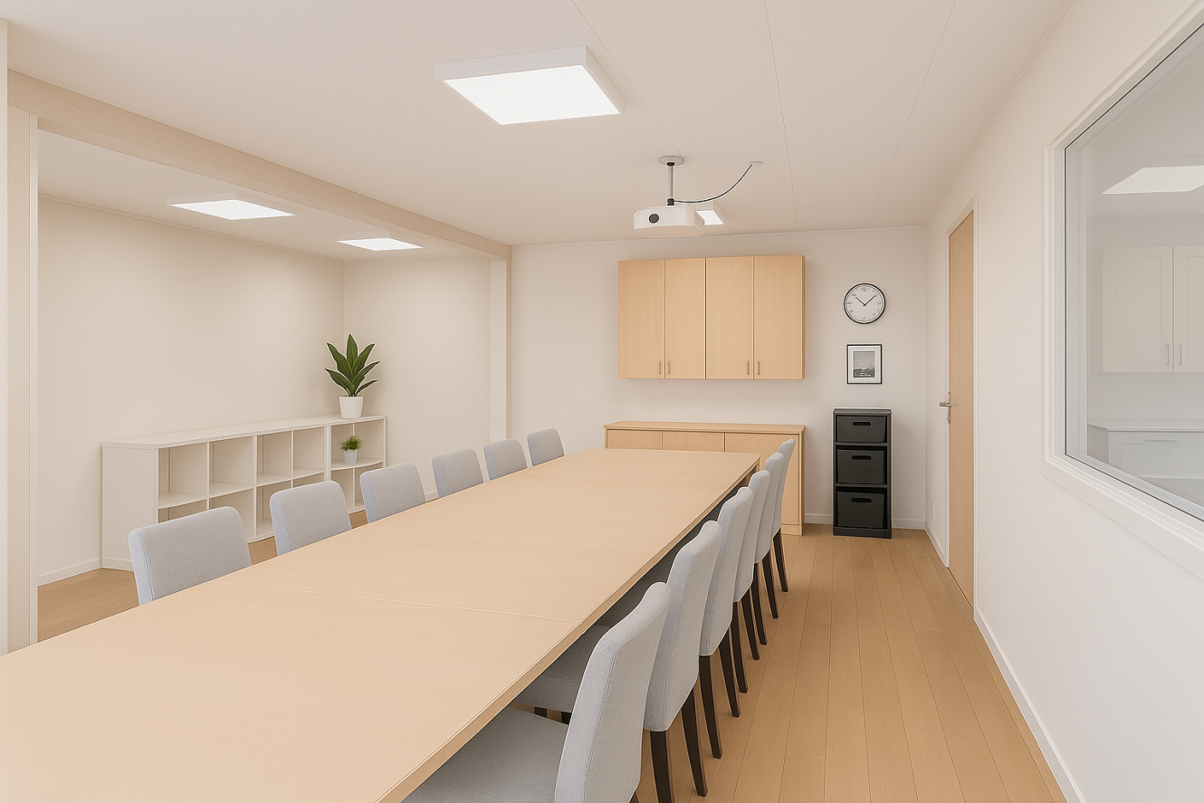 Ett modernt konferensrum med ett långt träbord, tolv stolar, en väggklocka, förvaringsskåp, en projektor och stark takbelysning.