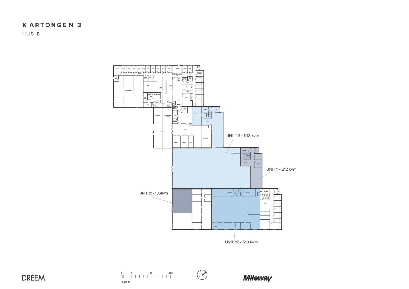 Planritning över Kartongen 3, byggnad B, som visar de märkta lägenheterna 13 (92 kvm), 12 (50 kvm), 15 (108 kvm) och 11 (292 kvm) med färgmarkerade sektioner.