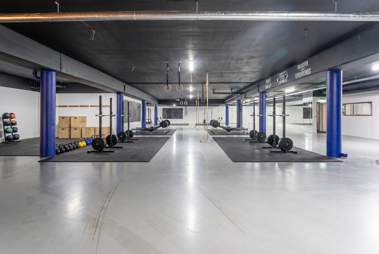 Rymligt gym med tyngdlyftningsplattformar, skivstänger, gymnastikringar, medicinbollar, rep och blå pelare på betonggolv.