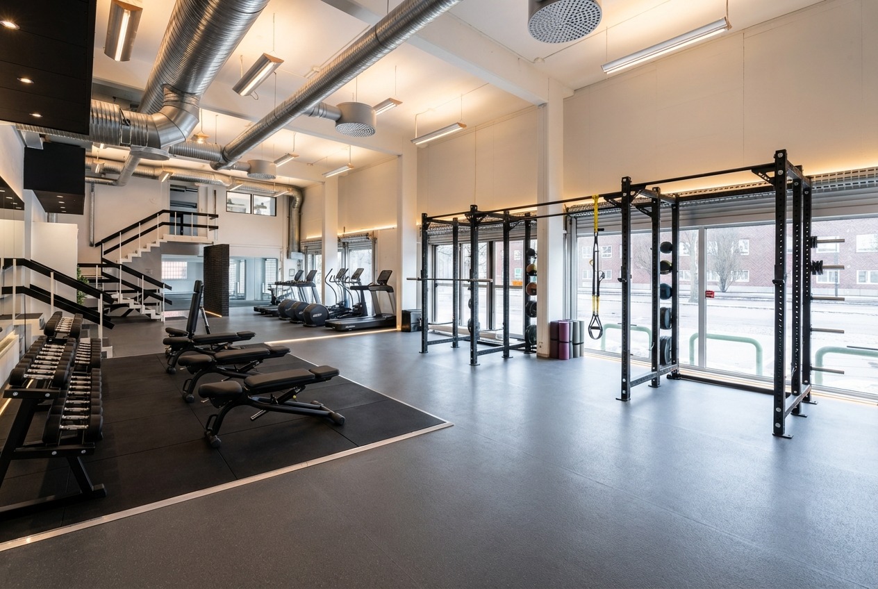 Ett modernt gym med viktbänkar, hantlar, konditionsmaskiner och knäböjsställning; stora fönster och synliga ventilationskanaler syns.