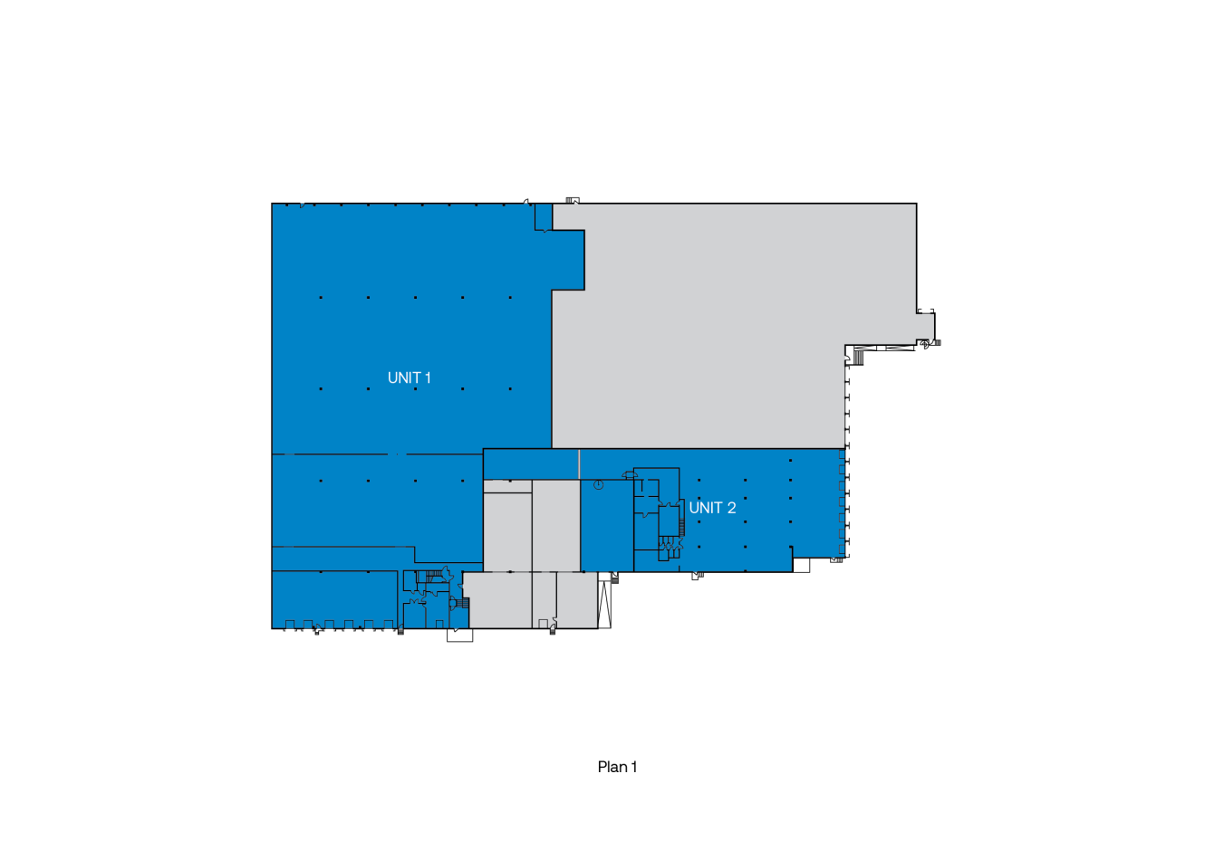 Planritning märkt Plan 1, som visar Unit 1 i blått som upptar större delen av ytan och Unit 2, också i blått, som upptar en mindre angränsande yta.