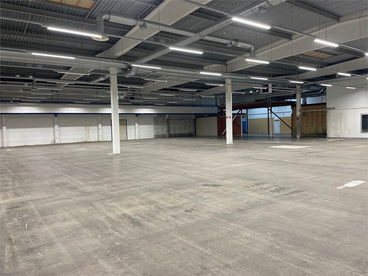 Rymlig, tom industrihall med betonggolv, vita pelare, synliga rör i taket och lysrörsbelysning.