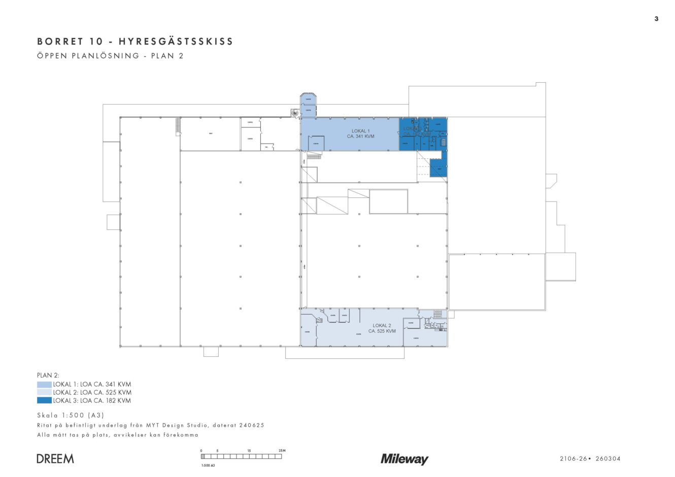 Planritning som visar tre blåmarkerade kommersiella lokaler (Lokal A, B, C) på plan 2; ytorna är angivna i kvadratmeter.