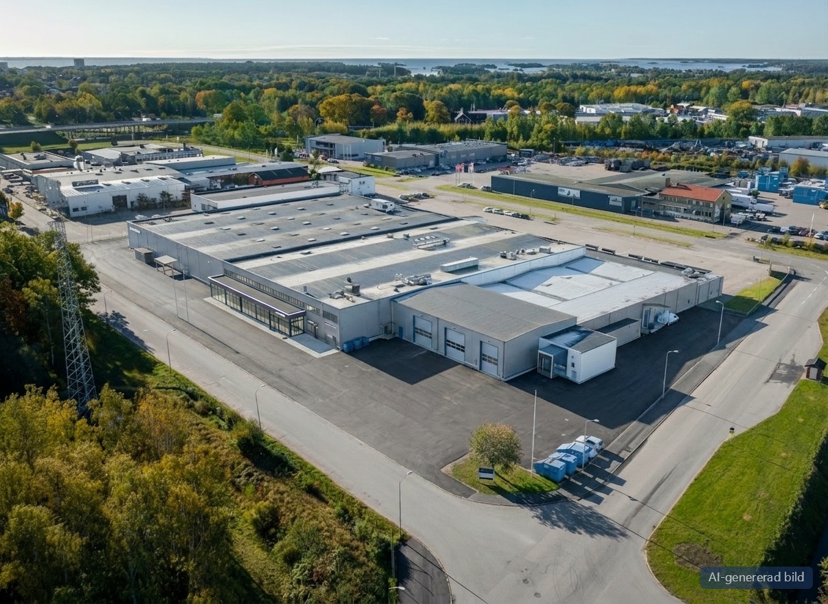 Flygbild över ett stort industrilager med flera lastkajer, asfalterade ytor, närliggande byggnader, träd och vägar i förortsmiljö.