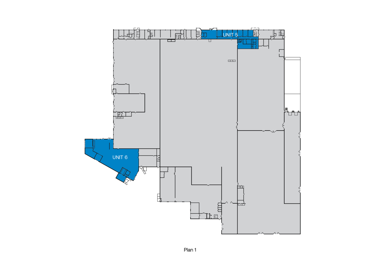 Planritning med UNIT 5 och UNIT 6 markerade i blått och resten av planlösningen i grått. UNIT 5 ligger längst upp till höger, UNIT 6 ligger till vänster på planen.
