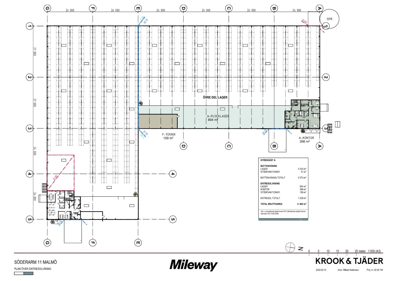 Arkitektonisk planritning över ett stort lager med markerade områden för kontor, verktyg, lastzoner och förvaring. Skala, måttangivelser och teckenförklaring ingår. Märkt Mileway av Krook & Tjäder.