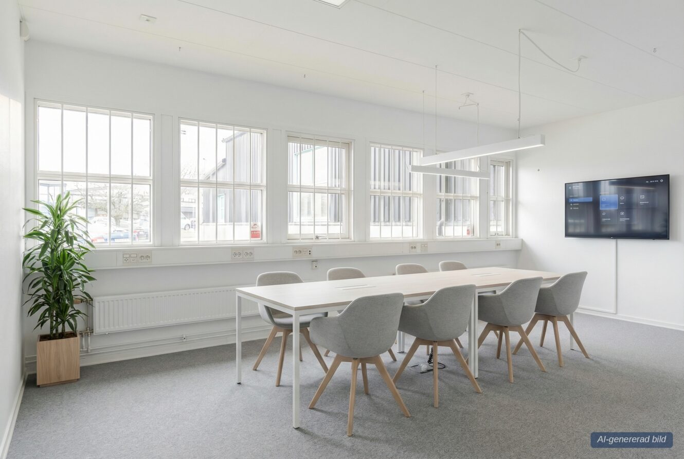 Modernt konferensrum med ett långt bord, åtta gråa stolar, stora fönster, en krukväxt och en väggmonterad skärm. Rummet är ljust med minimal inredning.