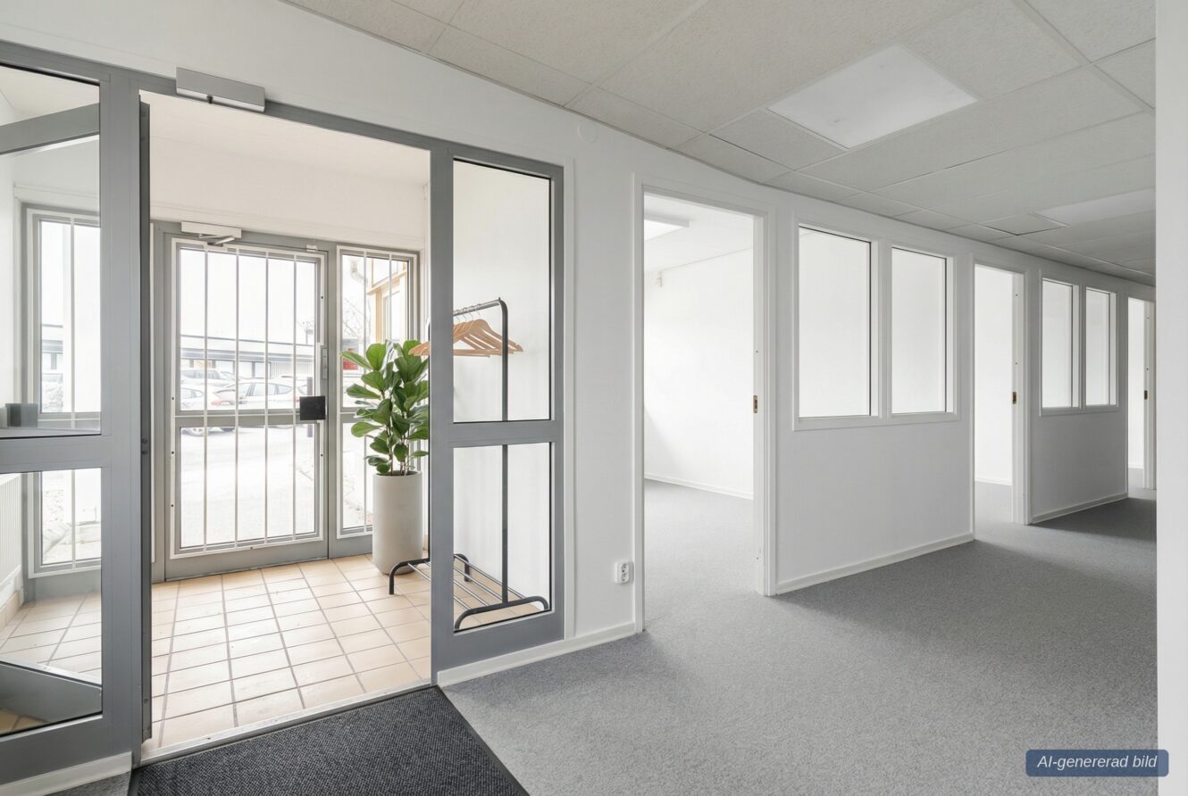 En ren, modern kontorskorridor med glasdörrar, vita väggar och flera tomma rum; en krukväxt står nära ingången.