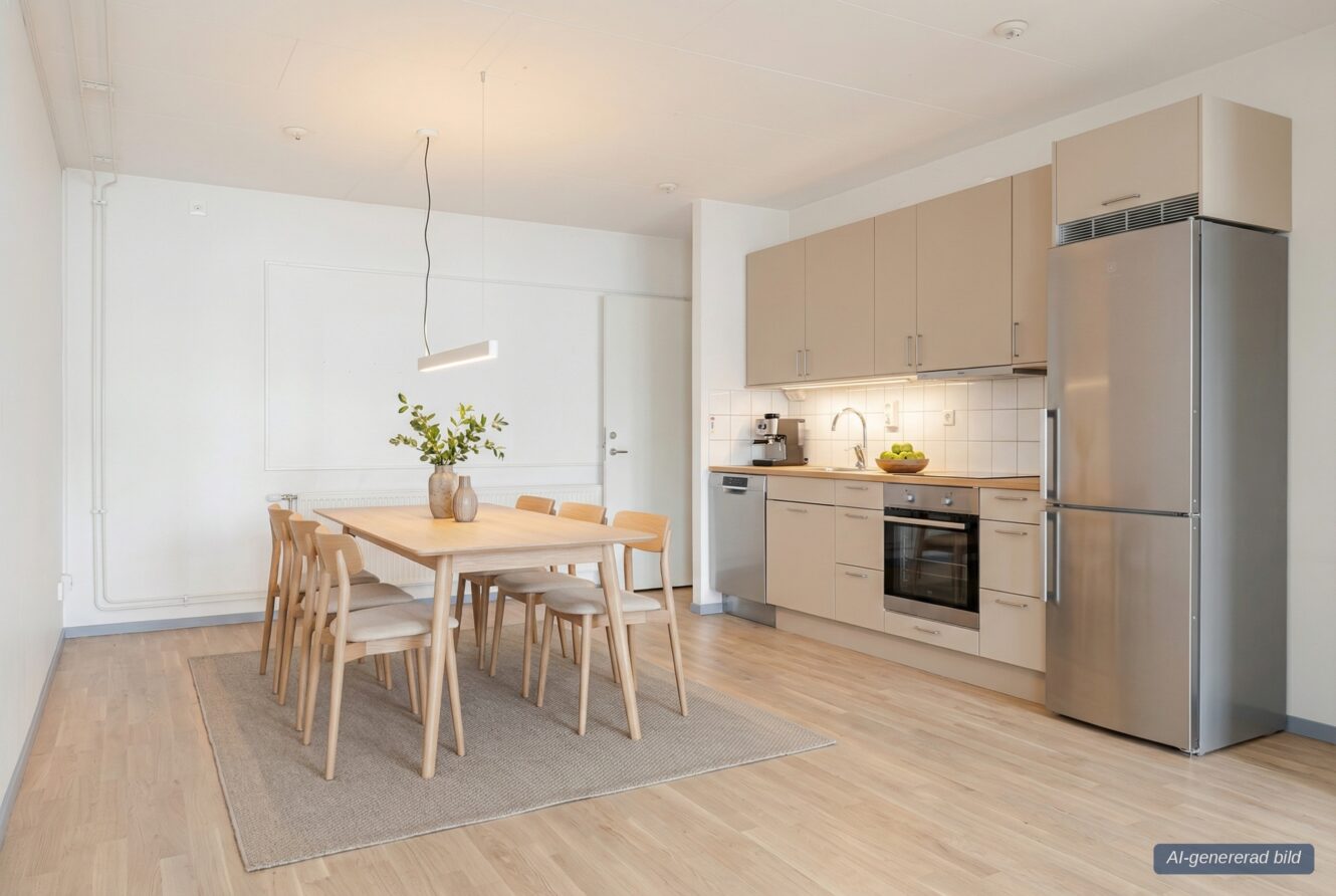 Modernt kök och matplats med möbler i ljust trä, beige skåp, vitvaror i rostfritt stål och en minimalistisk pendellampa ovanför bordet.