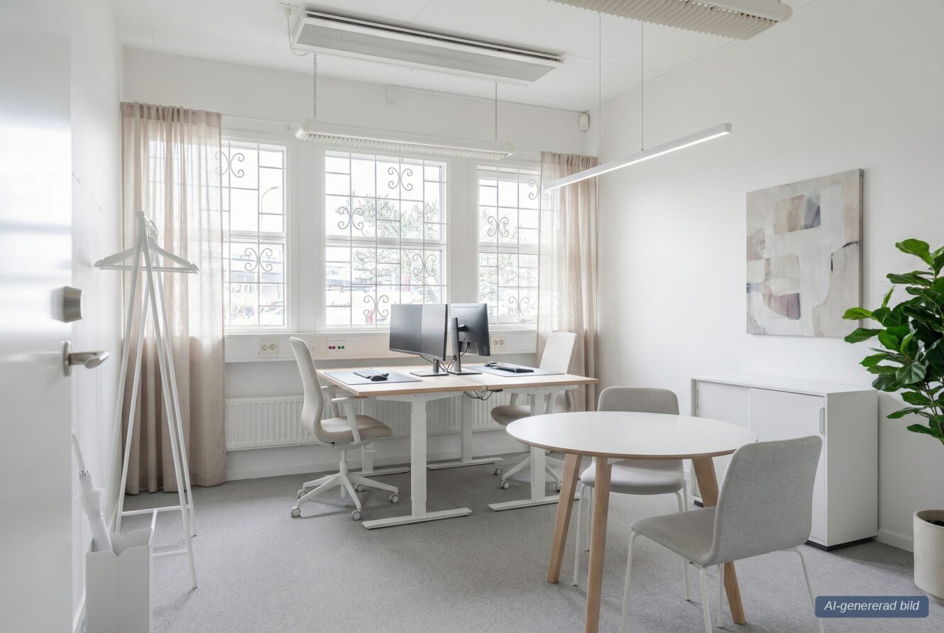 Modernt kontor med två skrivbord, datorer, stolar, ett runt bord med två stolar, en klädhängare, stora fönster med skira gardiner och en krukväxt.