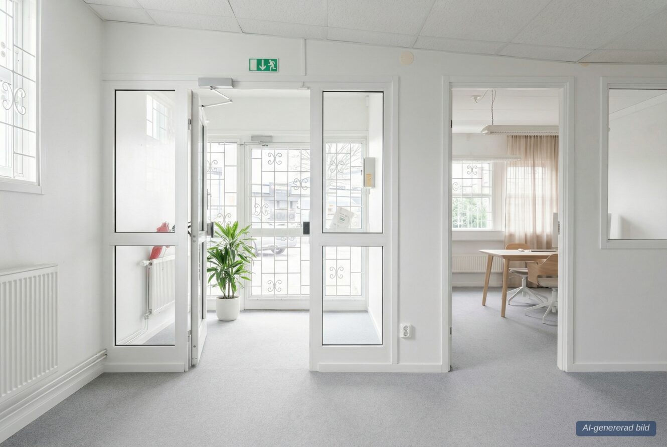 En ljus, modern kontorslokal med glasdörrar, en krukväxt vid entrén och ett mötesrum med bord och stolar i bakgrunden.