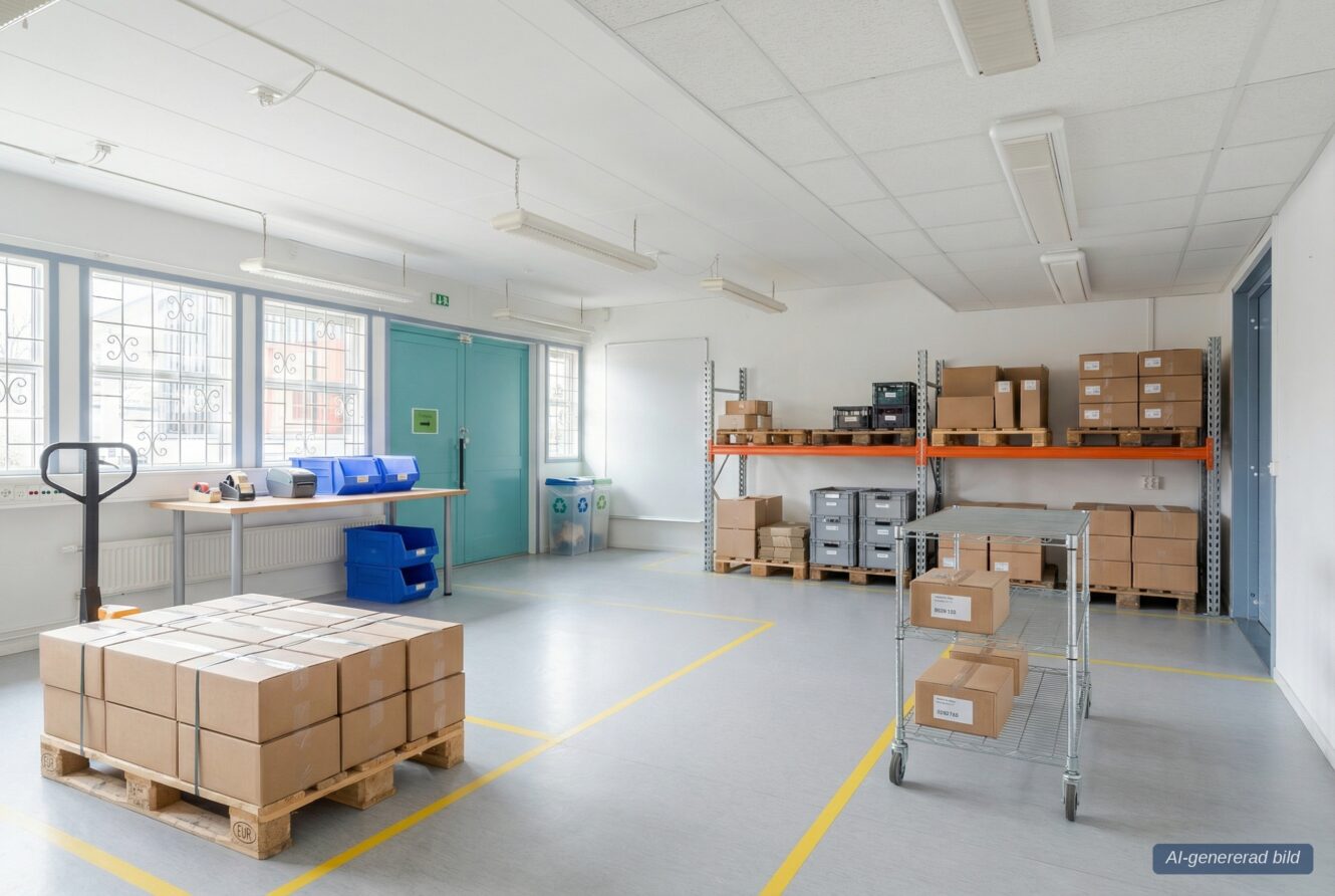 Ett rent, organiserat lagerrum med hyllor med lådor, pallar med paket, en vagn och återvinningskärl nära stora fönster och en blå utgångsdörr.