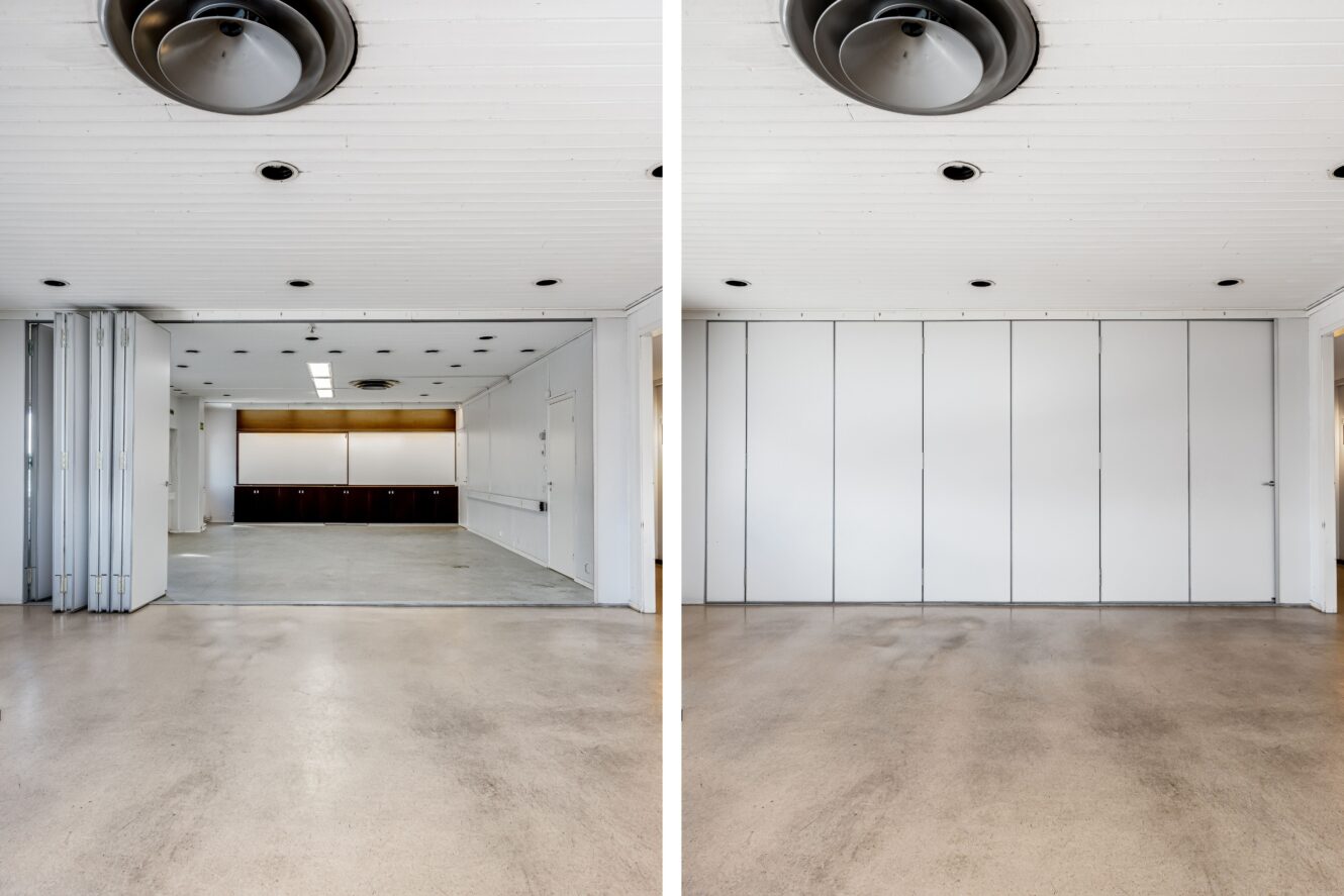 Två foton av ett rum med en vikbar skiljevägg; vänster sida visar skiljeväggen öppen, vilket avslöjar ett pentry, höger sida visar den stängd, vilket delar upp utrymmet.