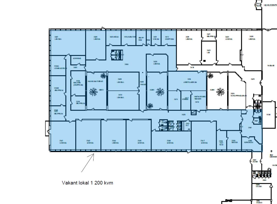 Planritning som visar en ledig kommersiell lokal om 1.200 kvadratmeter, markerad med en pil och märkt Vakant lokal 1 200 kvm.