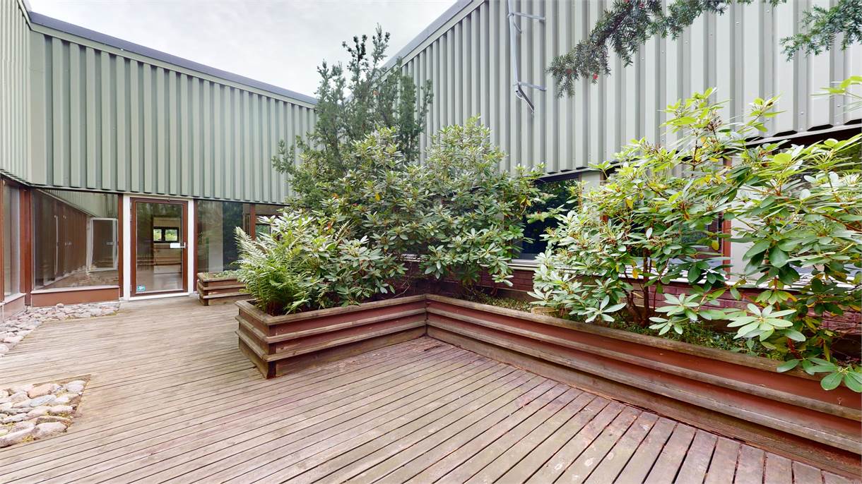 Innergård med trädäck och upphöjda planteringskärl med buskar, omgiven av gröna husväggar med metallpaneler och stora fönster.