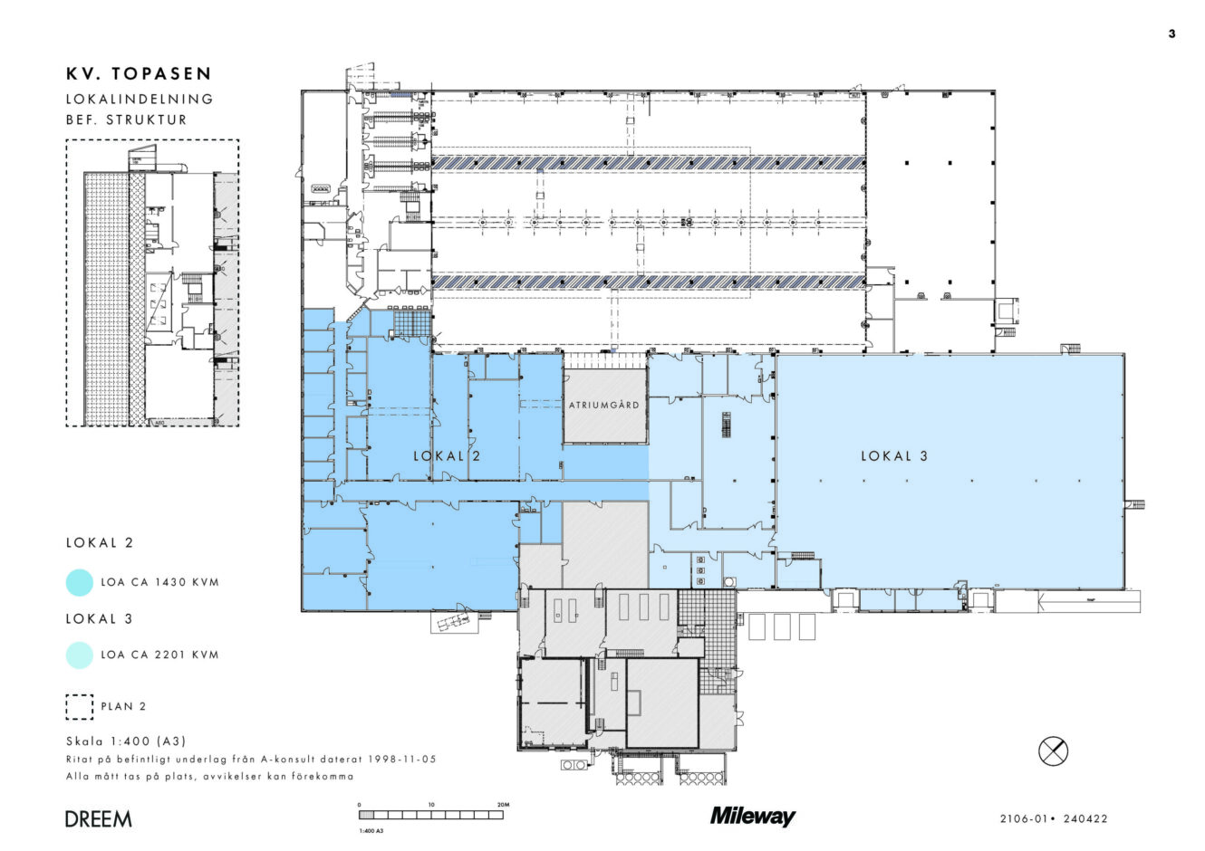 Arkitektonisk planritning av en byggnad märkt KV. Topasen, som visar tre huvudområden (Lokal 1, 2 och 3) markerade i blått, med etiketter och mätdetaljer.