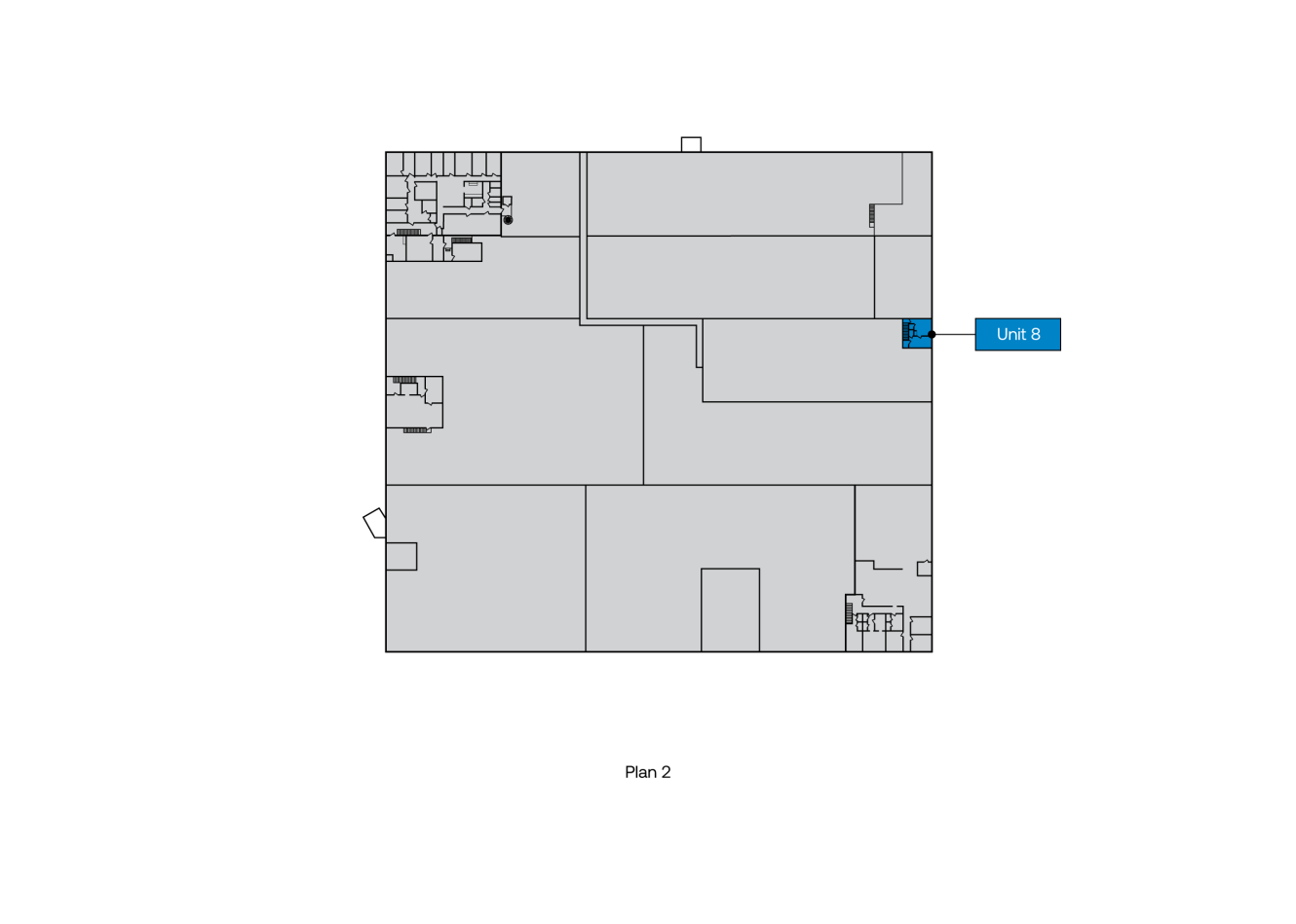 Planritning märkt Plan 2 med olika rum; Unit 8 är markerad med blått till höger på ritningen.