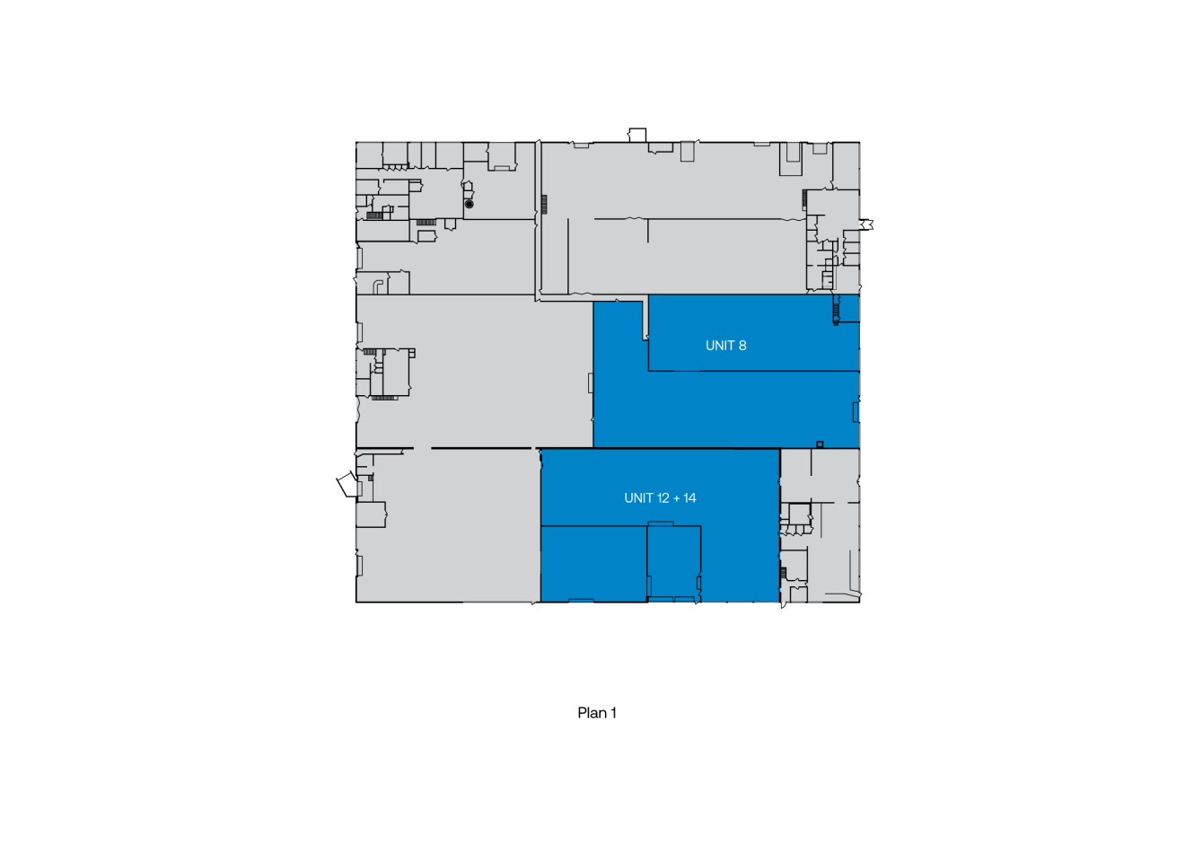 Planritning med Unit 8 och Unit 12-14 markerade i blått och övriga delar av byggnaden i grått.