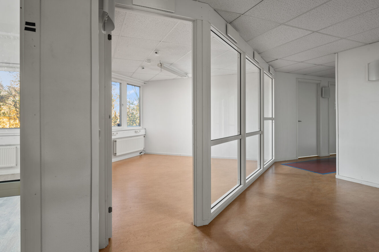 Ett ljust, tomt rum med stora innerfönster, vita väggar, ett solbrunt linoleumgolv och takplattor; ytterfönstren visar träd utanför.