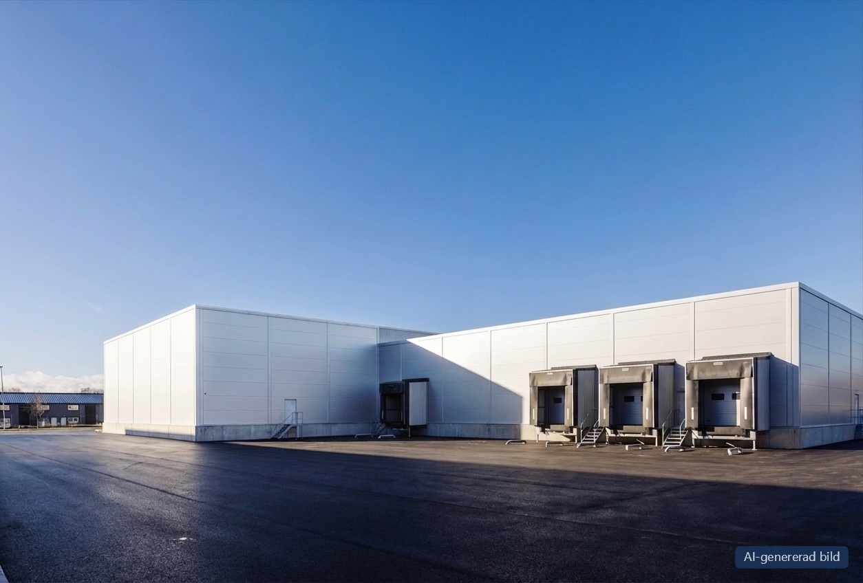 En stor, modern lagerlokal med vita ytterväggar, tre lastkajer och en bred asfalterad yta under en klarblå himmel.