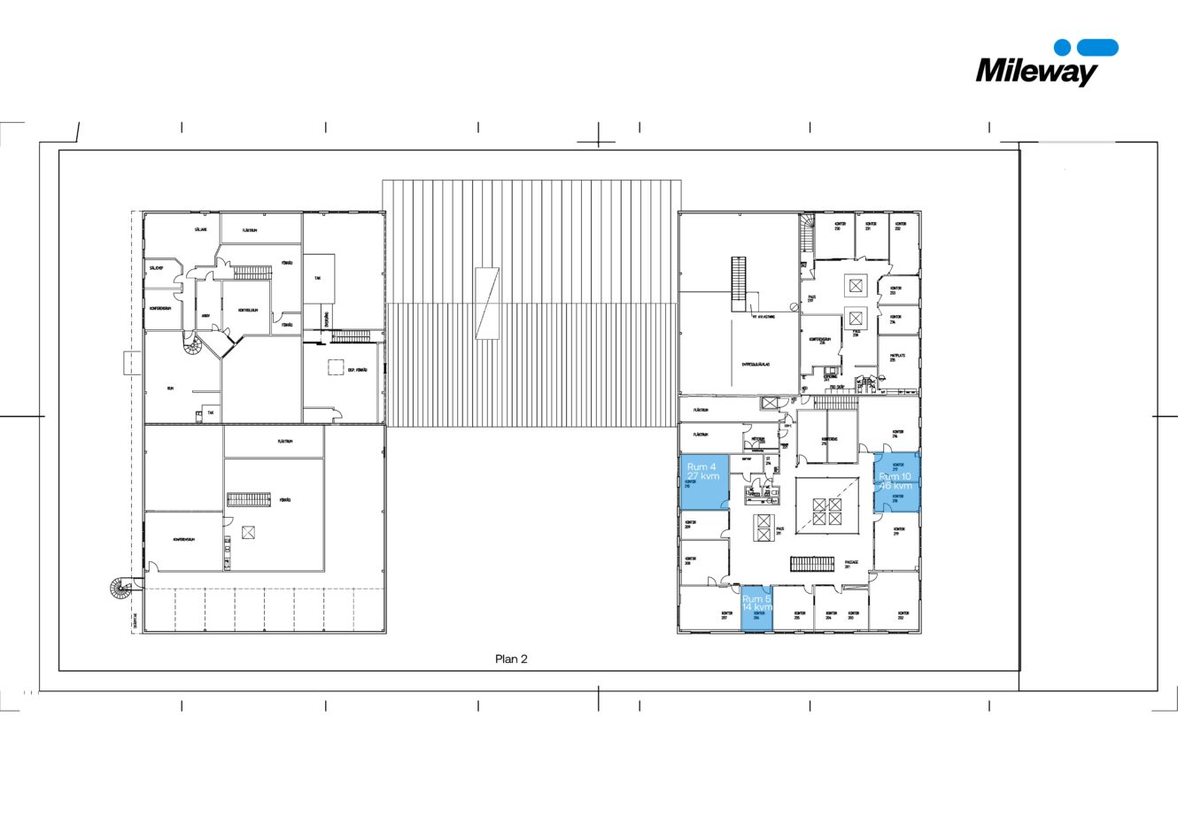 Svartvit arkitektonisk planritning märkt Plan 2 med utvalda rum markerade i blått; Mileway-logotyp i övre högra hörnet.