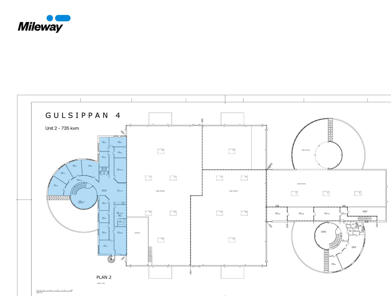 Planritning för Gulsippan 4, Unit 2 (735 kvm), med blåmarkerat område som visar specifika rum och svängda sektioner på vänster och höger sida av planlösningen. Mileways logotyp längst upp till vänster.