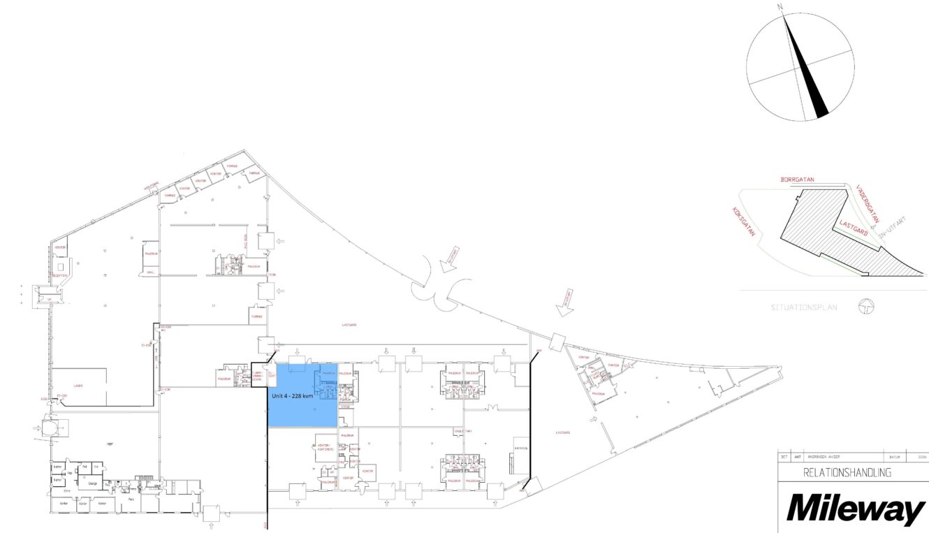 Planritning över en kommersiell byggnad med ett blåmarkerat område märkt Unit A 228 sq m, kompass och teckenförklaring. Mileways logotyp visas i det nedre högra hörnet.