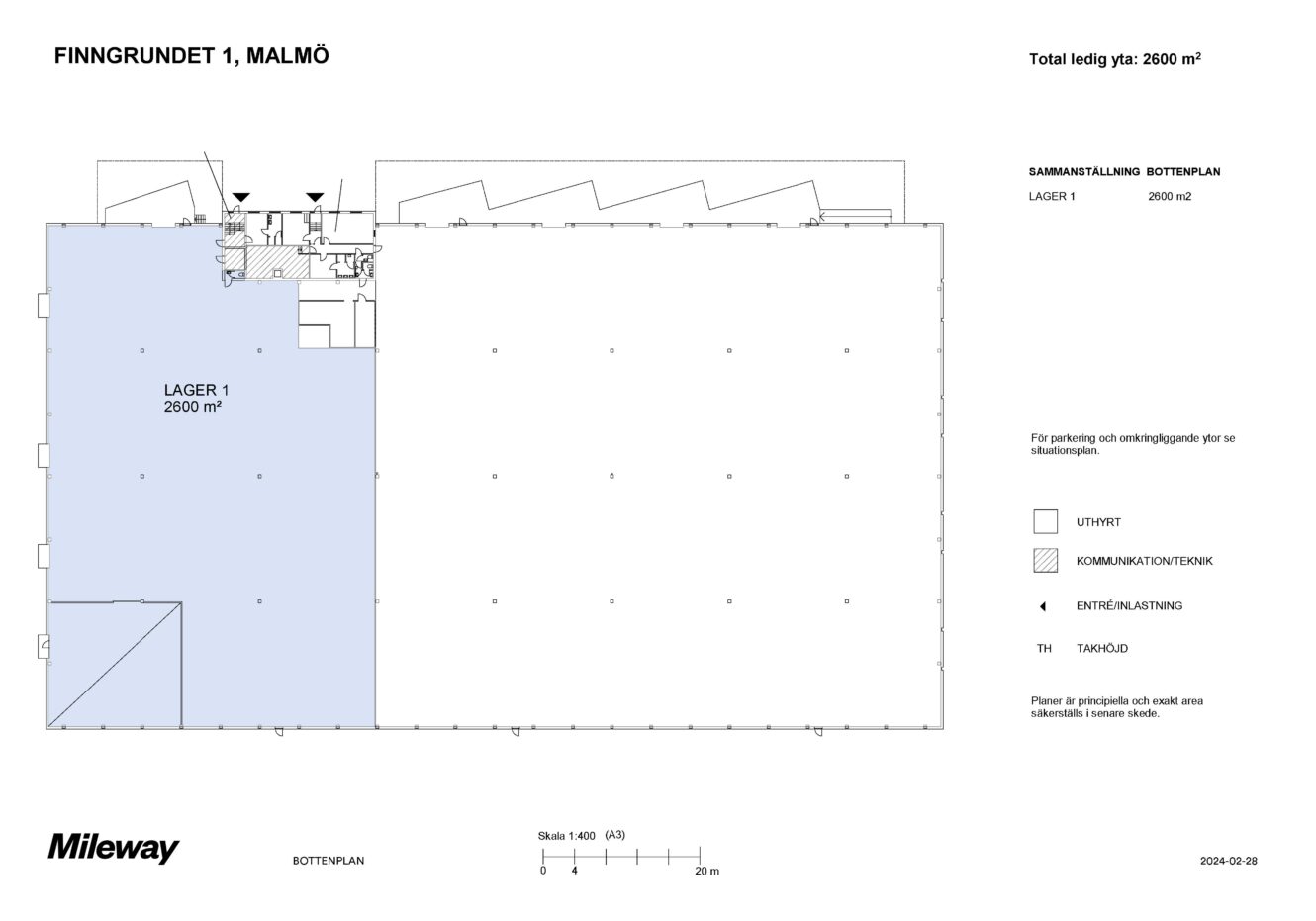 Planritning över Finngrundet 1, Malmö, som visar 2600 m² lageryta, parkering, teknikutrymmen och kommunikationsgångar. Orientering och skala är angivna.