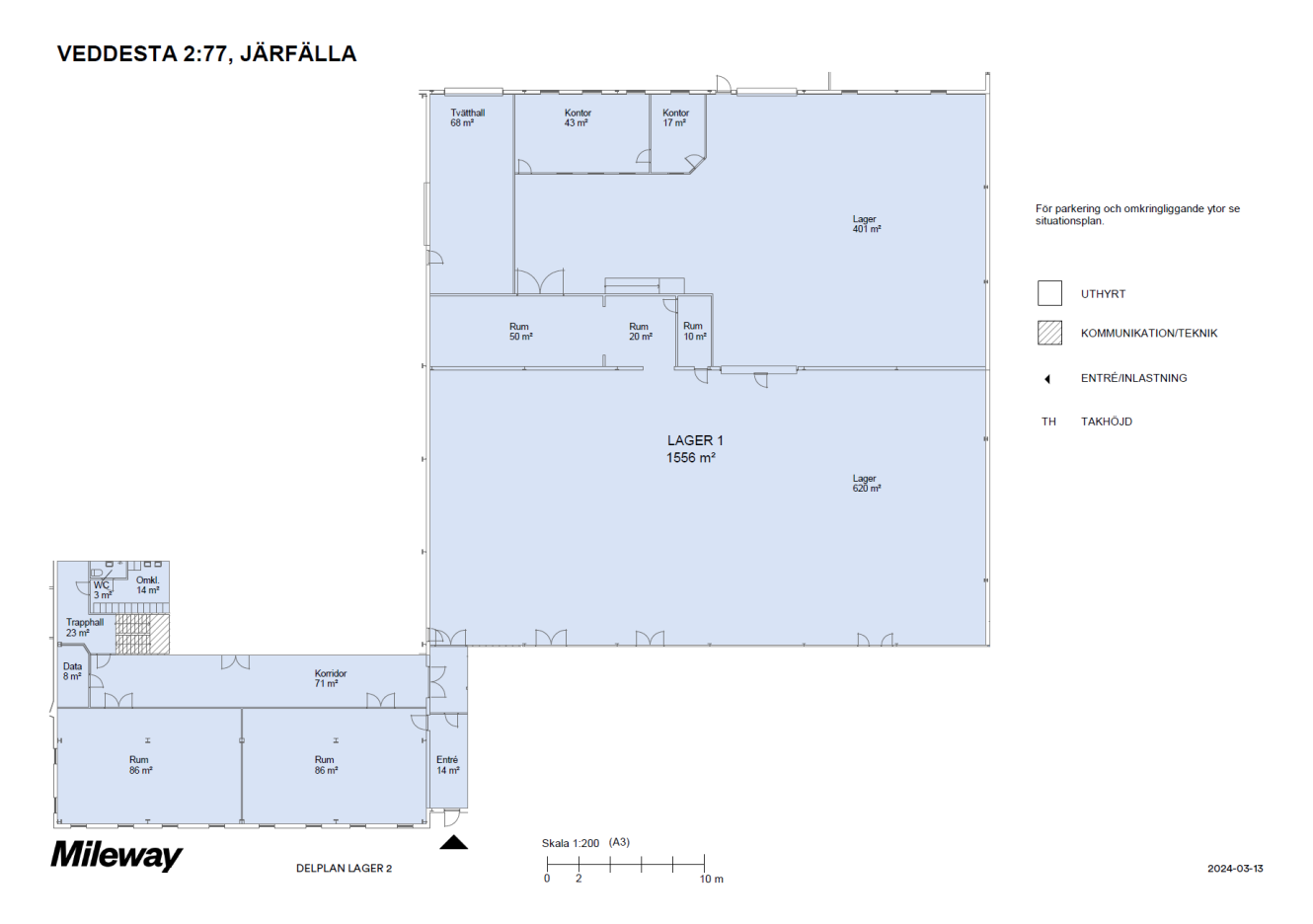 Planritning över lagerlokal benämnd Lager 1 (1558 m²) i Järfälla, med kontor, toaletter och teknikutrymmen. Teckenförklaring och skala ingår.