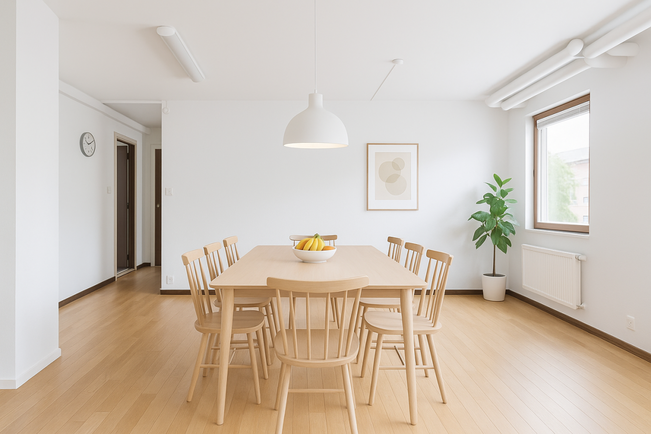 En minimalistisk matsal med ett träbord, sex stolar, en skål med frukt, en krukväxt, väggkonst och ett stort fönster som släpper in naturligt ljus.