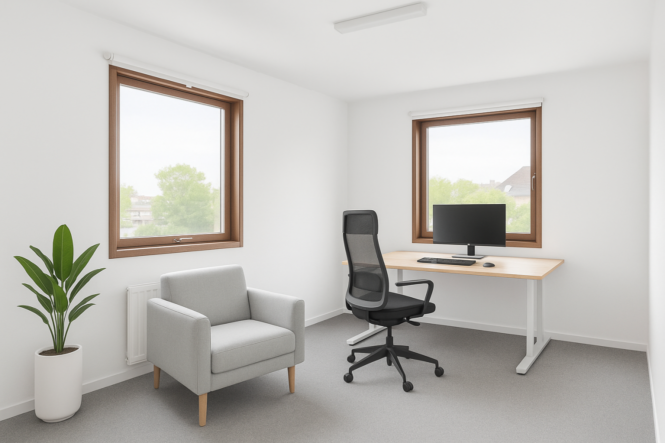 Ett minimalistiskt kontor med skrivbord, datorskärm, svart stol, grå fåtölj, krukväxt och två stora fönster som släpper in naturligt ljus.