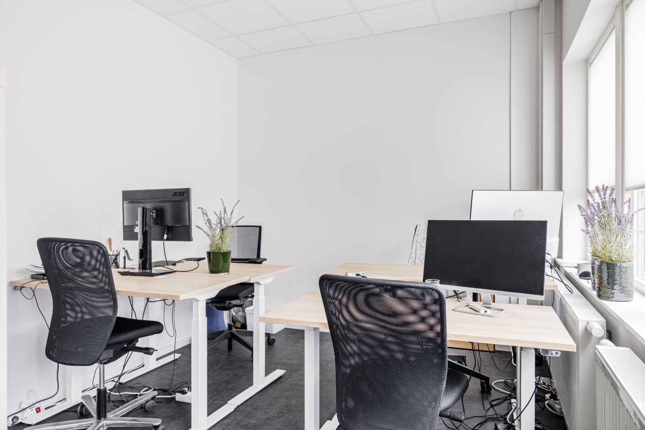 Ett modernt kontor med fyra arbetsstationer, svarta nätstolar, datorskärmar och krukväxter i lavendel på skrivbord i ljust trä nära stora fönster.