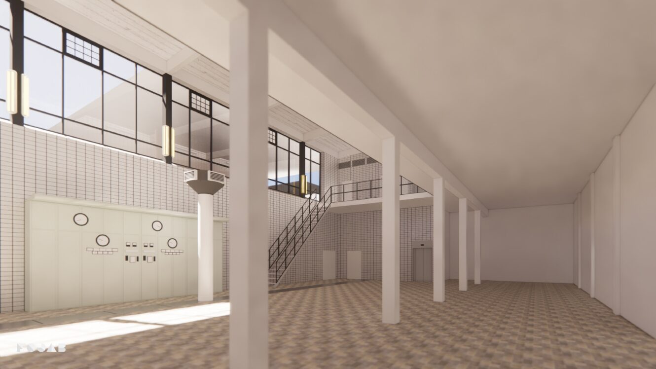 Interiör från en rymlig industrilokal med vitkaklade väggar, stora fönster, pelare, en metalltrappa och kontrollpaneler på den vänstra väggen.