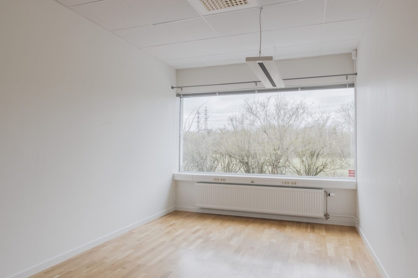 Tomt, omöblerat rum med vita väggar, ljust trägolv, ett stort fönster, element och hängande taklampa. Träd syns utanför fönstret.