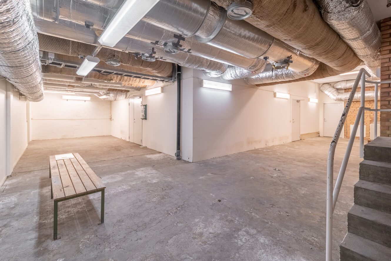 En stor, tom källare med synliga kanaler i taket, lysrör, betonggolv, en träbänk och vita väggar med flera dörrar.