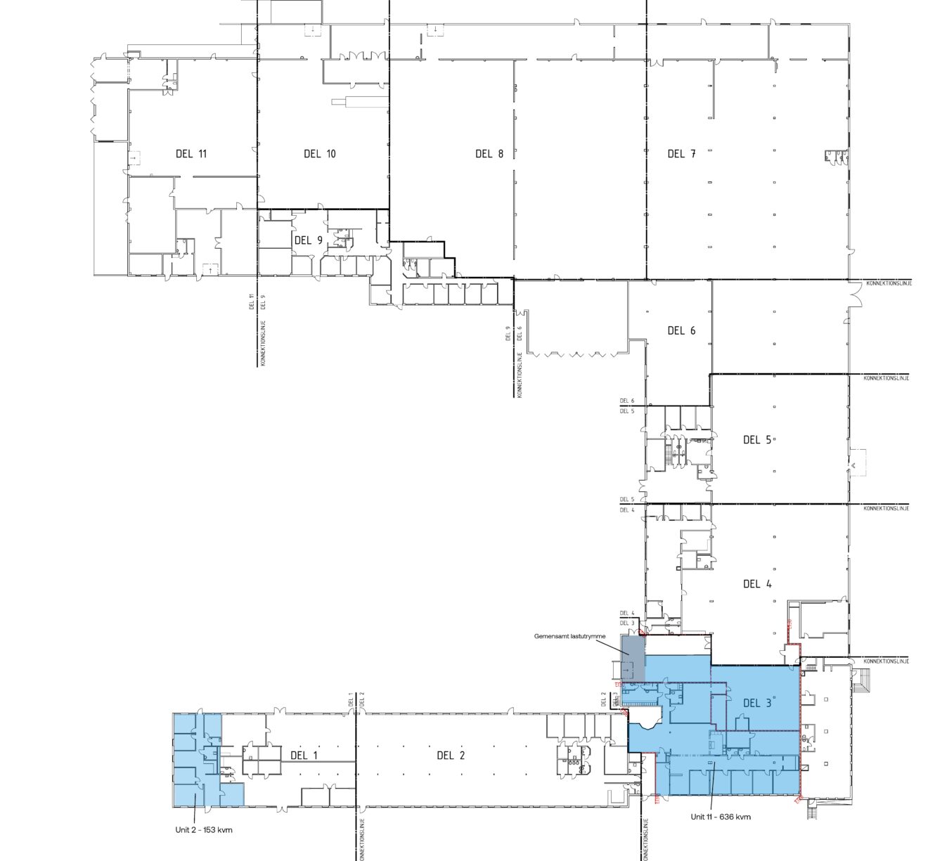 Planritning med flera rum märkta DEL 1 till DEL 11; rummen DEL 1, DEL 2 och DEL 3 är blåmarkerade.